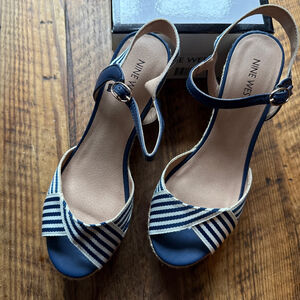 Women's Nine West Navy Blue White Striped Espadrille Wedge Sandals Size 8